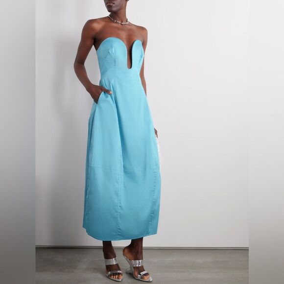 cult gaia Dresses & Skirts - NWT CULT GAIA Chiara Sleeveless Blue Cotton-Blend Plunge Bubble Skirt Midi Dress